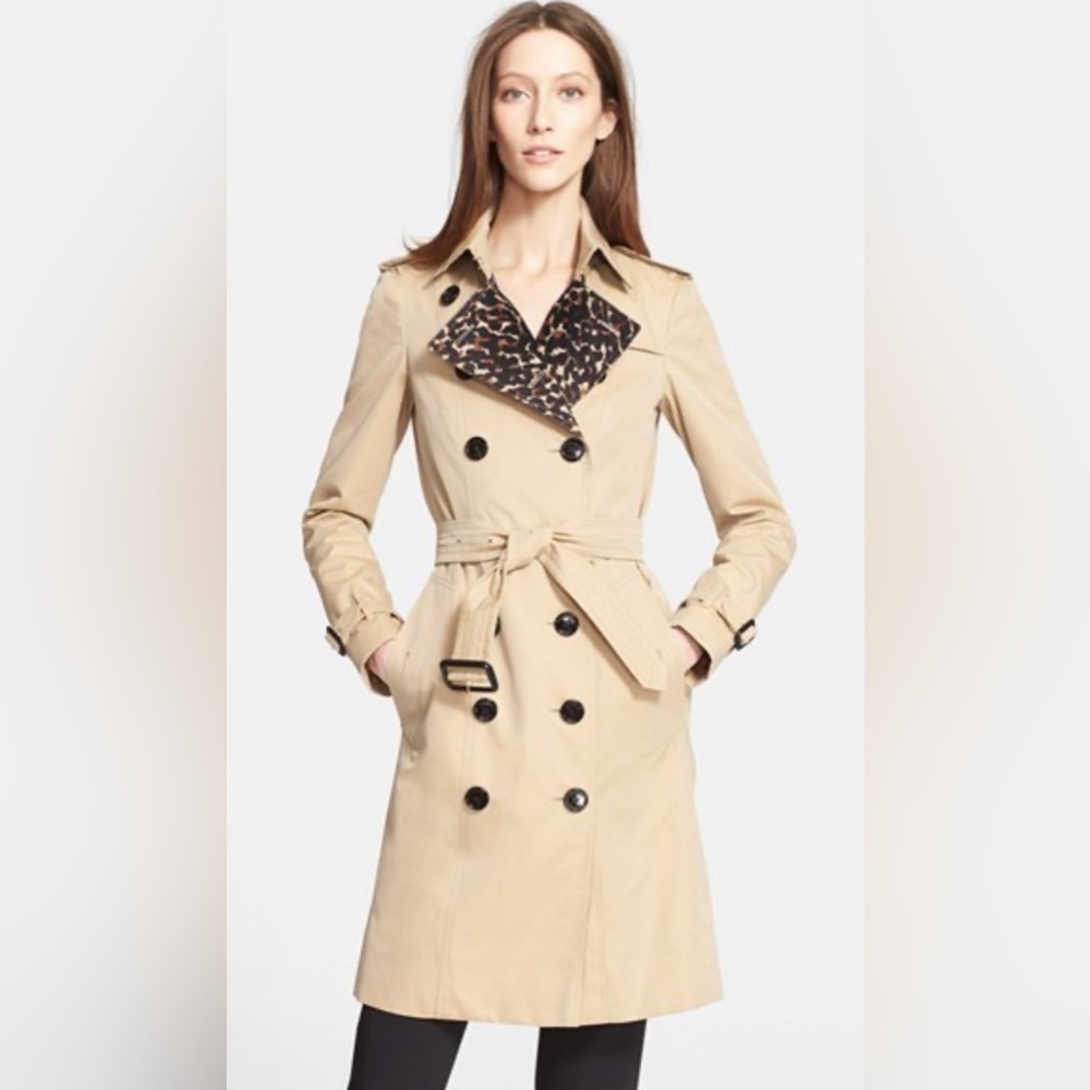 Authentic Burberry London | Sandringham Leopard Print Trim Trench Coat